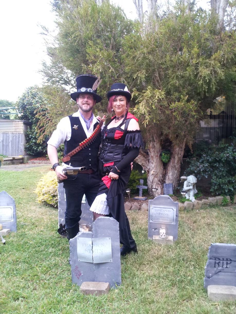 Me and my partner Jesse in Steampunk for Halloween
